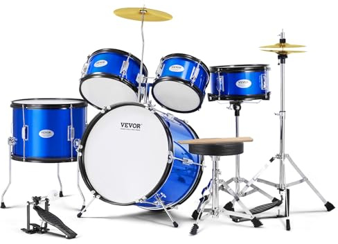 VEVOR Five Piece Kids Drum Set, Complete Drum Set for Beginner Kids with Bass, TOMS, Box, Drum, Adjustable Throne, Charles Pedal and Two Pairs of Drumsticks, Blue