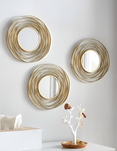 Dekoleidenschaft 3X Spiegel Gold aus Metall, rund, Ø 24 cm, Wandspiegel, Wanddeko, Dekospiegel, Wandschmuck