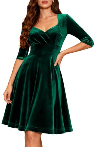 Fynadressr Womens Formal Cocktail Wedding Guest Dresses Long Sleeve Velvet halloween Dress A Line Formal Church Tea Dress Dark Green XL
