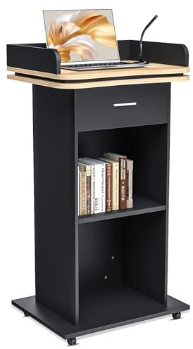 Holz-Podium, Holzpodium mit Ausziehbarer Schublade & Rädern, Premium hohes Massivholz Kanzel Rednerpult mit Doppellagiges Ablagefach, Rednerpult for Kirche, Vortrag, Schul, Seminar (110x46x 60cm)