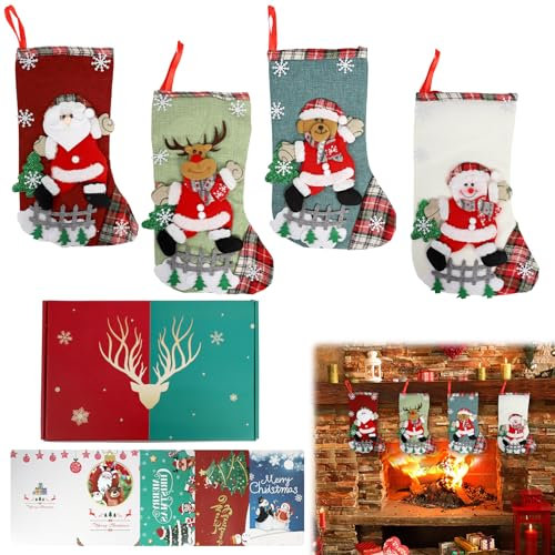 PRZRAO 4 Piezas 33 x 20 cm Calcetines de Navidad con 4 Tarjeta de Navidad Calcetines Chimenea Navidad Reutilizables Calcetines Navidad Chimenea Calcetines Navidad para árbol de Navidad