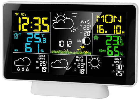 EVGATSAUTO Radio de Estación Meteorológica, Pantalla a Color de 7,5 Pulgadas, Temperatura, Humedad, Despertador, Radio, Estación Meteorológica, Estación Meteorológica Inalámbrica para Uso