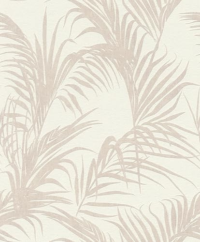 Rasch Tapet 314007 – ljus fibertapet i krämvitt med stora palmblad i beige från Deco Style kollektionen
