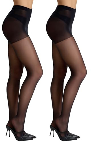 Citystl 2 Pairs Women's Black Sheer Tights - 30D Not Rip Control Top Pantyhose - Reinforced Toes (Black*2,L)