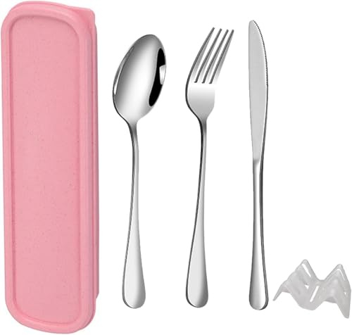QZLSAYSL Couverts Lunch Box de Camping, 5 Pièces en Acier Inoxydable, Étui Renforcé avec Boucle, Couvert de Voyage pour le Travail et l'École, Lavable au Lave-Vaisselle (Rose Pâle)