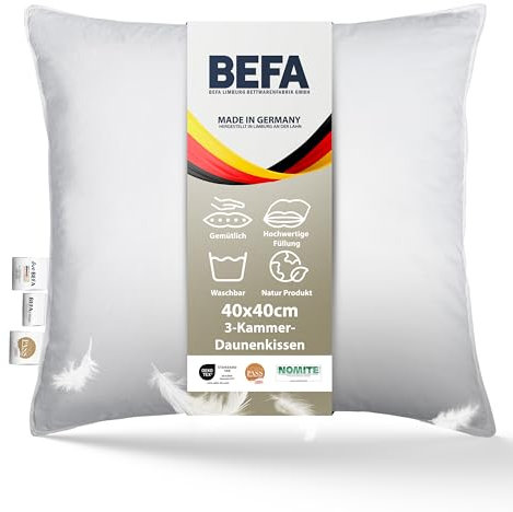 BEFA NATUR Almohada de plumón 40x40 cm | Almohada de 3 cámaras | 90% plumón y 10% Plumas | Apta para alérgicos (NOMITE) | Certificada DOWNPASS| Oeko-Tex Clase 1