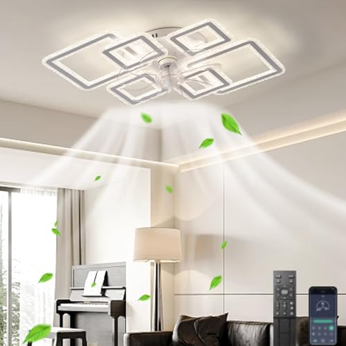 LASANYA Ventiladores De Techo Con Luz Silencioso De Cristal Blanco, Lampara Ventilador Techo Dormitorio Modernos, Cuadrado Lámpara Ventilador Salon Techo Regulable 7 Palas Temporizador