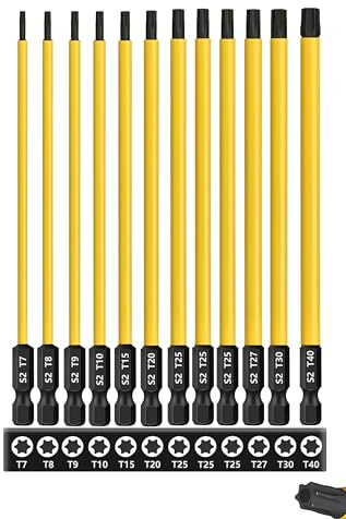 Saipor Juego de 12 puntas de destornillador Torx T7-T40 de 6 pulgadas / 150 mm de largo, brocas de destornillador de estrella S2, cabeza Torx magnética de acero de 1/4 pulgadas, vástago hexagonal de