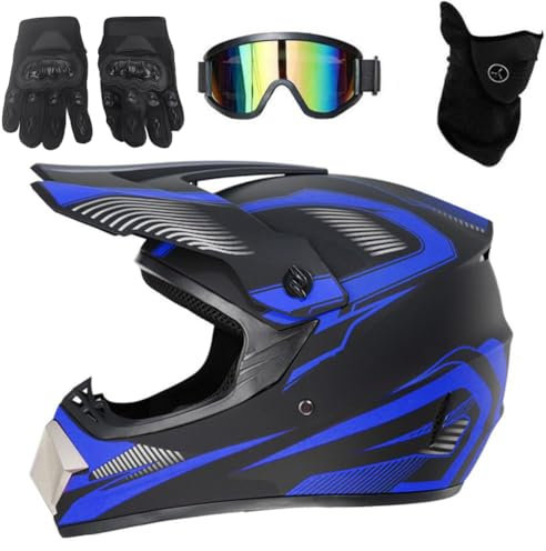 Motocross Helm Fullface Motorradhelm Herren Kinder Jugend Erwachsener Motorrad Downhill Full Face Helm Professional Helme mit Goggles Handschuhe Gesichtsschutz (blau-M)