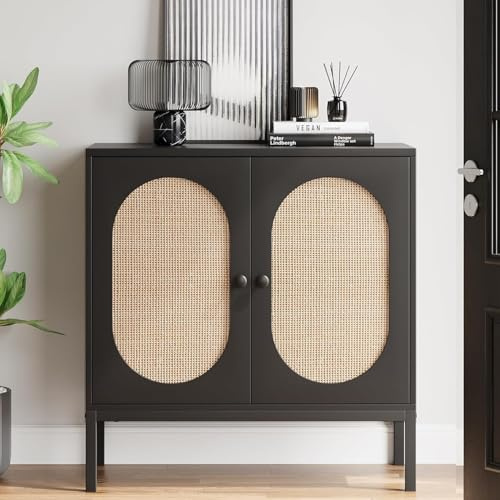 Hapihom Sideboard mit Rattan-Geflecht, Küchenschrank mit 2 Rattan Türen & Verstellbare Ablagen, Küchenschränke mit Arbeitsplatte für Küche, Wohnzimmer, Flur 80x40x83 cm