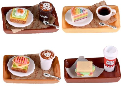 KARLOR Juego de 18 mini alimentos y bebidas con bandeja, plato de cuchara, miniatura, café, tostada, postre, pan, sándwich, mini comida, comedor, decoración, arte, desayuno, té de la tarde, escena