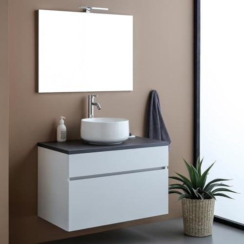 Kiamami Valentina Mobile Bagno Sospeso 80 Cm Bianco Top Antracite Sole | 1 cassetto con chiusura rallentata, specchio 60x80 cm incluso, legno nobilitato, già assemblato, lavabo escluso