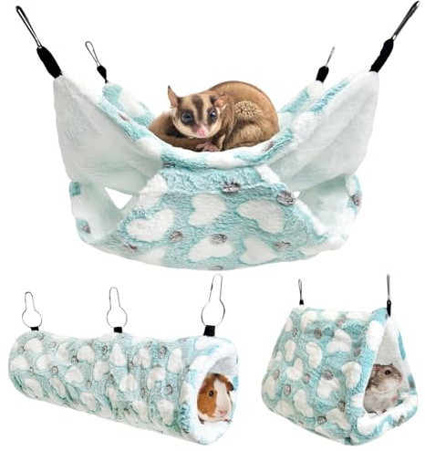PINVNBY 3 PCS Ferret Rat Hammock Set Hanging Guinea Pig Hideout Bed Small Animals Tunnel Toy Ferret Cage Accessories for Hamster Squirrel Sugar Glider Chinchilla (Green)