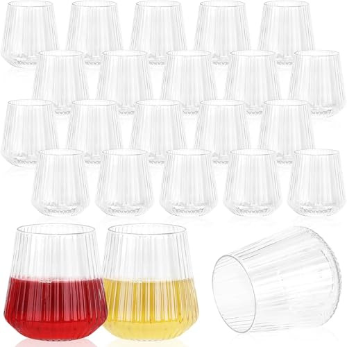 24 Pack Plastic Ribbed Wine Glasses, 400ml Origami Drinking Glasses Red White Tumbler Clear Unbreakable Recyclable Stemless Cup for Champagne Cocktail Camping Catering Weddings