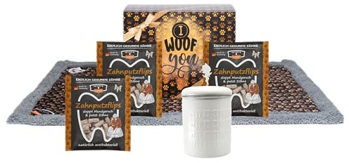 QCHEFS Glückskiste Hund Kuscheltuch Zahnputzflips Zahnpflege Hund Leckerli | Als Zahnpflege Leckerli, hypoallergen, kalorienarm, Schnuffeltuch mit Edelstahldose, tolles Hundegeschenk