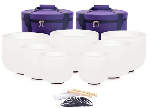 Hye-eun 7-12zoll Perfekte Pitch Kristall klangschale Set 440HZ Quarz Singing Crystal Bowls Klangschalen Set 7 chakren Kristall für Klangheilung Entspannung Stressabbau, mit 2 Tragetaschen