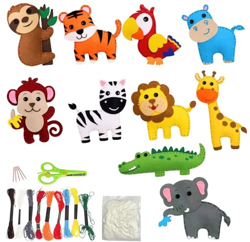 VIDSTW 10 Stück Nähset mit Nähzubehör Inklusive Kinder Nähset | Farbenfrohes Filz Set Cartoon-Tiermotive Filz Basteln Glatte Gratfreie Kanten für Eltern-Kind-Spiele Bastelaktivitäten