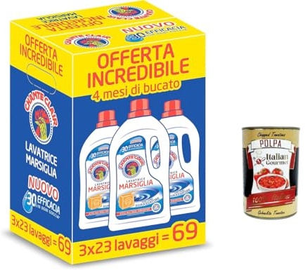 Italian Gourmet Lavatrice Marsiglia detersivo Flüssigwaschmittel 3 x 1150g | Formula concentrata per capi delicati; frischer Duft, starke Reinigung und, Gesamtnettogewicht 3,45 kg + Kostenlos Polpa 400g