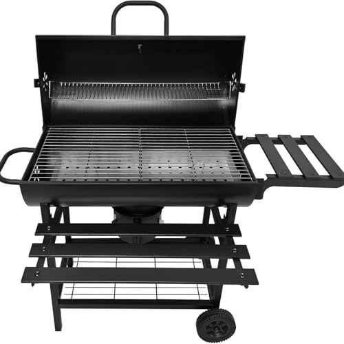 Large Charcoal Barbecue Grill for Outdoor use, Barrel Smoker BBQ Grill with 4 air Vents, Metal Patio Villa Grill with Mesh Bottom Shelf, Upper and Side Shelves for Grilling Tools