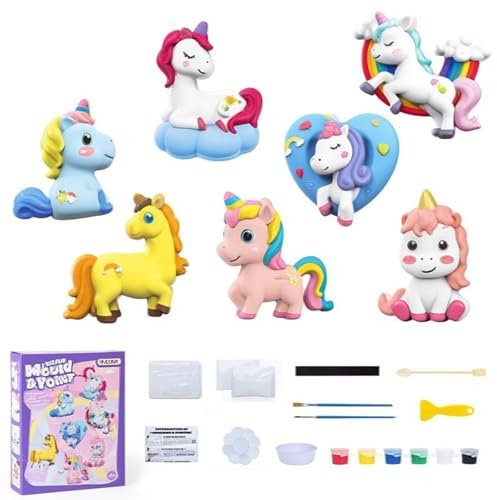 LIULINY Einhorn Bastelset Gipsgießen Set, DIY Malerei zum Gips Giessen, 3D Einhorn Gipsgießen Malset mit 7 Muster zum Bemalen, Kinder Spielzeug für Geschenk Geburtstag Mädchen Kinder ab 6 Jahren