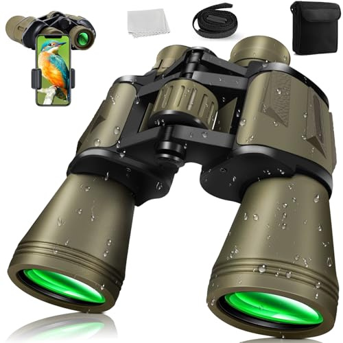 20x50 Fernglas für Erwachsene, HD Fernglas mit Nachtsicht Kompaktes Ferngläser mit FMC-Objektiven Wasserdichtes Taktisches für Jagd Wandern Konzertreise mit BAK4 Prism mit Smartphone Adapter KQ