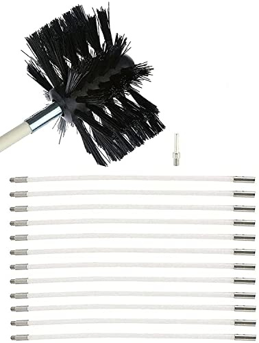 Kaminborste stångset, skorstensborste borste, ugnsrörsborste nylon med flexibla stänger, lämplig med skruvdragare, eldstadskvast för öppen spis, rör (12 stycken, 610 mm)