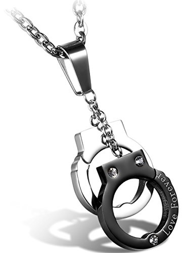Flongo Love Forever Edelstahl Anhänger Halskette CZ Zirkon Zirkonia Schwarz Silber Handschellen Punk Rock Herren,mit 55cm Kette