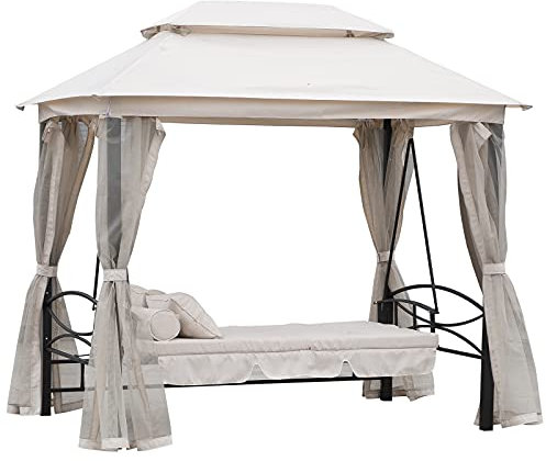 Outsunny 3 Seater Convertible Swing Chair, Outdoor Gazebo Swing Seat Bed with Double Tier Canopy, Cushioned Seat, Mesh Sidewalls and Curtains, Beige