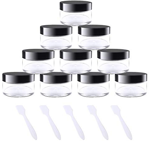 kuou 10 * 15ml Empty Plastic Cosmetic Jars, Sample Containers Pots Bottles with Black Screw Lids and 5pcs Spatulas for DIY Travel Makeup Creams/Powder/Mineral Make Up Cosmetic