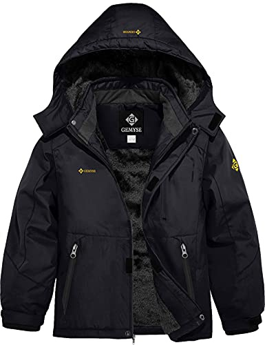 GEMYSE Vattentät skidjacka för pojkar, av vindtät fleece, vinterjacka/regnjacka med huva för utomhus, svart, 152/158 cm