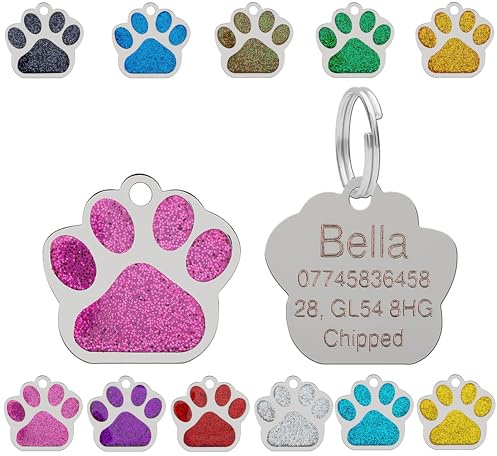 Personalised Engraved Pet Tag for Pets | Vibrant Paw Print Shape Glitter Stainless Steel ID Tags for Dog & Cat | Anti-Lost for Puppy, Kitten Etc | 27mm Wide (Pink)