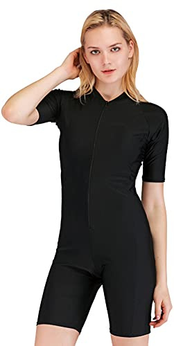 YEESAM Baddräkt i ett stycke för kvinnor, flickor, kortärmad, främre dragkedja, rashguard, surfing-baddräkter, strandkläder, blygsamma baddräkter, dräkt med ben, badkläder, Svart, S