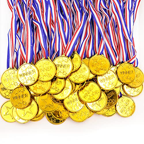 Darovly 50 Pieces Gold Plastic Winner Award Medals with Ribbon Necklaces for Sports,Games,Competition,Students Rewards,Talent Show,Parties,Party Favors or Decor