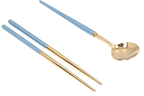 Juego de palillos y cucharas coreanas, juego de cubiertos de palillos portátiles con caja de almacenamiento, juego de cucharas y palillos de acero inoxidable reutilizables(Azul)