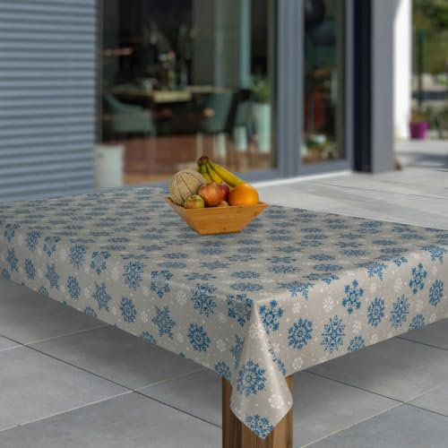 laro Wachstuch-Tischdecke Abwaschbar Wachstischdecke PVC Plastik-Tischdecken Eckig Meterware Abwischbar, Muster:Weihnachten Schneeflocke Blau Weiß Beige, Größe:110x160