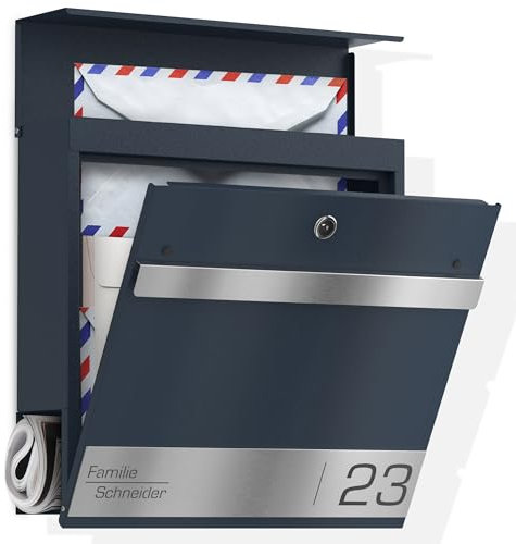 Graviers Design Boîte aux lettres avec rouleau à journaux en anthracite RAL 7016 – personnalisée en acier inoxydable gravé au laser, plaque nominative, numéro de maison – avec serrure
