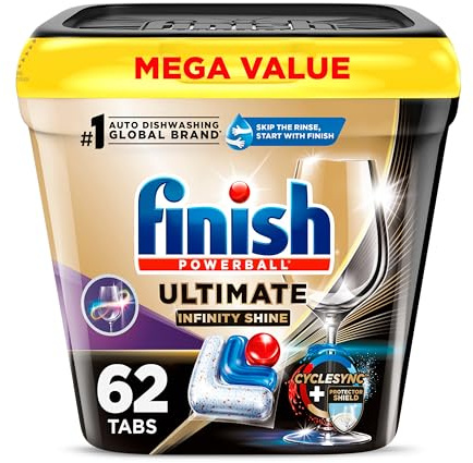 Finish Ultimate Infinity Shine Dishwasher Pods, No Pre-Rinse Dishwasher Detergent Soap Removes Burnt-On Stain, with Protector Shield & CycleSync Technology, Degreasing & Scrubbing Power, 62 Count