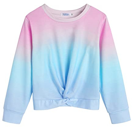 Arshiner Girls Tie-dye Sweatshirt Casual Long Sleeve Top Twist Front Lightweight Sport Pullover Crop Sweatshirts for Girls 9-10 Years