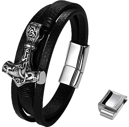 Flongo Flätat läderarmband med flera rader thorhammare, vikingsarmband för män med spärrspänne, amulettarmband, present till män, 21 cm, Läder Rostfritt stål