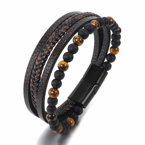 Yowlens Personalised Mens Bracelet Leather Brown Multi-Layer Bracelet for Men Clasp Rope Wristband for Boyfriend Husband Dad | Gift for Christmas, Birthday, Wedding, Anniversary, Father's Day