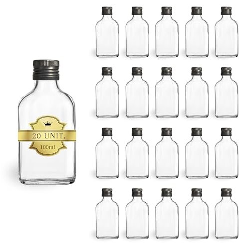 Espirito Rebelde 20x Bouteilles en Verre 100ml Style Flasque à Alcool avec Bouchon a Vis Doré | Flacon pour Whiskey, Rhum, Liqueur | Fioles de Poche pour Boissons Spiritueuses