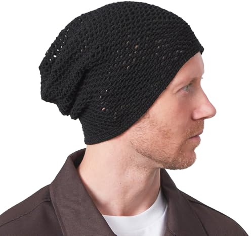Berretto Uomo Estivo A Maglia Fine, Cappello da Donna in Cotone al 100%, Slouchy Beanie Leggero E Arioso Fatto A Mano Nero
