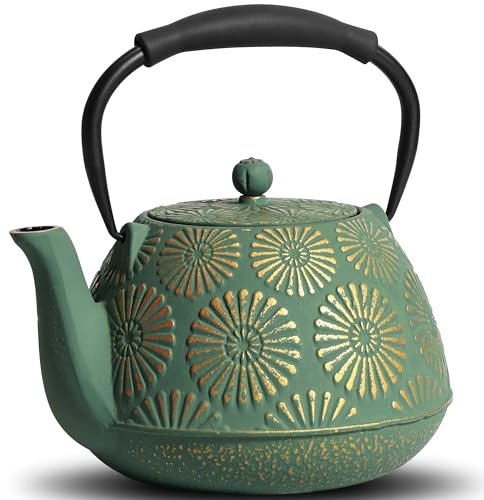 GUANGHEIRON Théière en fonte de 1200 ml, grande capacité, avec infuseur à thé, intérieur émaillé, poignée en silicone, convient pour cuisinière, idéale pour le thé et le café