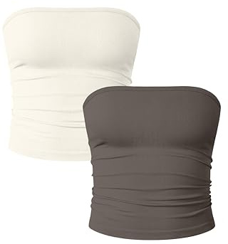 OQQ Womens 2 Piece Tube Tops Strapless Basic Sleeveless Stretch Classic-Fit Shirts Sexy Crop Tops Tea leaf Beige