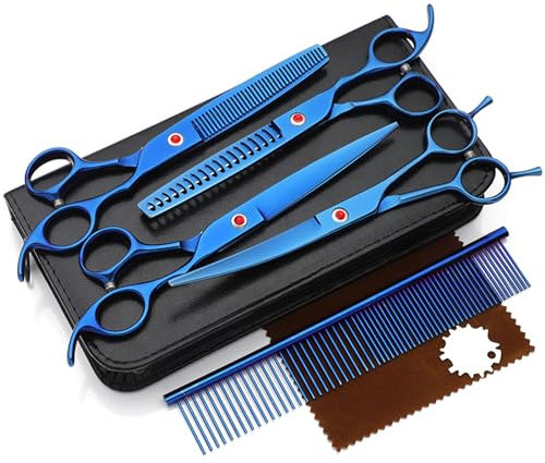 Floraslee Hundeschere Set, Profi 5-In-1 Hundeschere, Hund und Katze Sicherheit Grooming Schere, Inkl Effilierschere, Gebogene, Gerade Schere, Fellpflegekamm, 440C Edelstahl