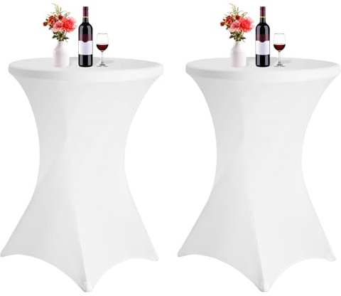 FXKS 2 Stück Stretch Stehtischhusse Weiß Ø80–85 cm, Höhe 110 cm | Elastische Bistrotisch Husse, Blickdicht und Waschbar für Hochzeit, Catering, Messe und Empfang.