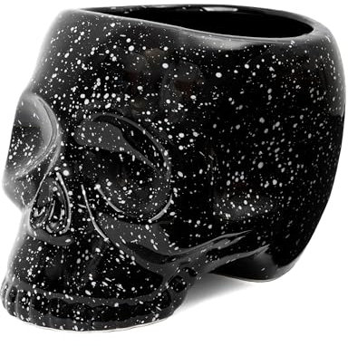 Fisura - Maceta original en forma de cráneo. Decorativa de calavera negra y blanca para interiores. Maceta negra para cactus. Diámetro 12 cm. Dimensiones: 15 x 19 x 14 cm.