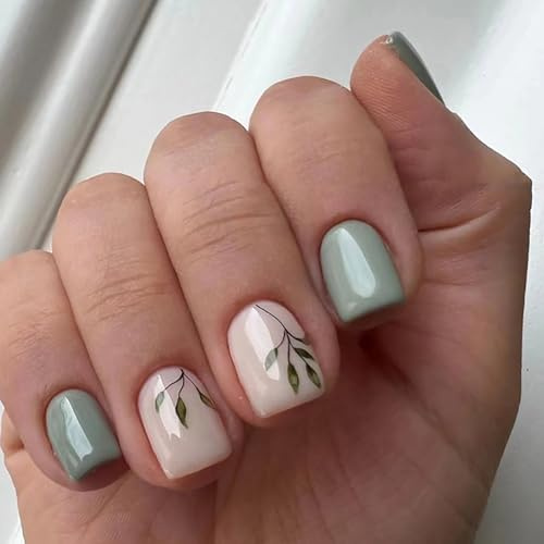 24pcs Short Square False Nails Gold Leaves Press On Nails Creamy White Green Stick On Acrylic Removable Full Cover Fake Nails for Women Brides Nail Art Accessories