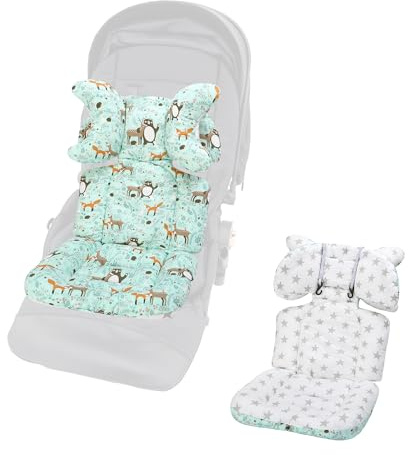 Baby Seat Liner for Stroller-Universal Soft & Breathable Stroller Cushion,Detachable Pillow Car Seat Liner,Cotton Baby Stroller Pad(Green Animal+White Stars)
