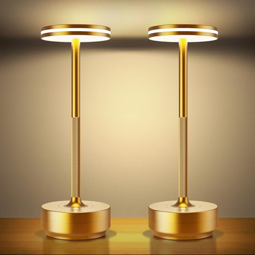 Hapfish 2 Stück LED Akku Tischlampe, 5000mAh Moderne Dimmbar Tischleuchte | Wasserdicht, 3 Farbtemperatur, Tischlampen Aufladbar für Indoor Outdoor Nachttisch Esstisch Terrasse (Gold)